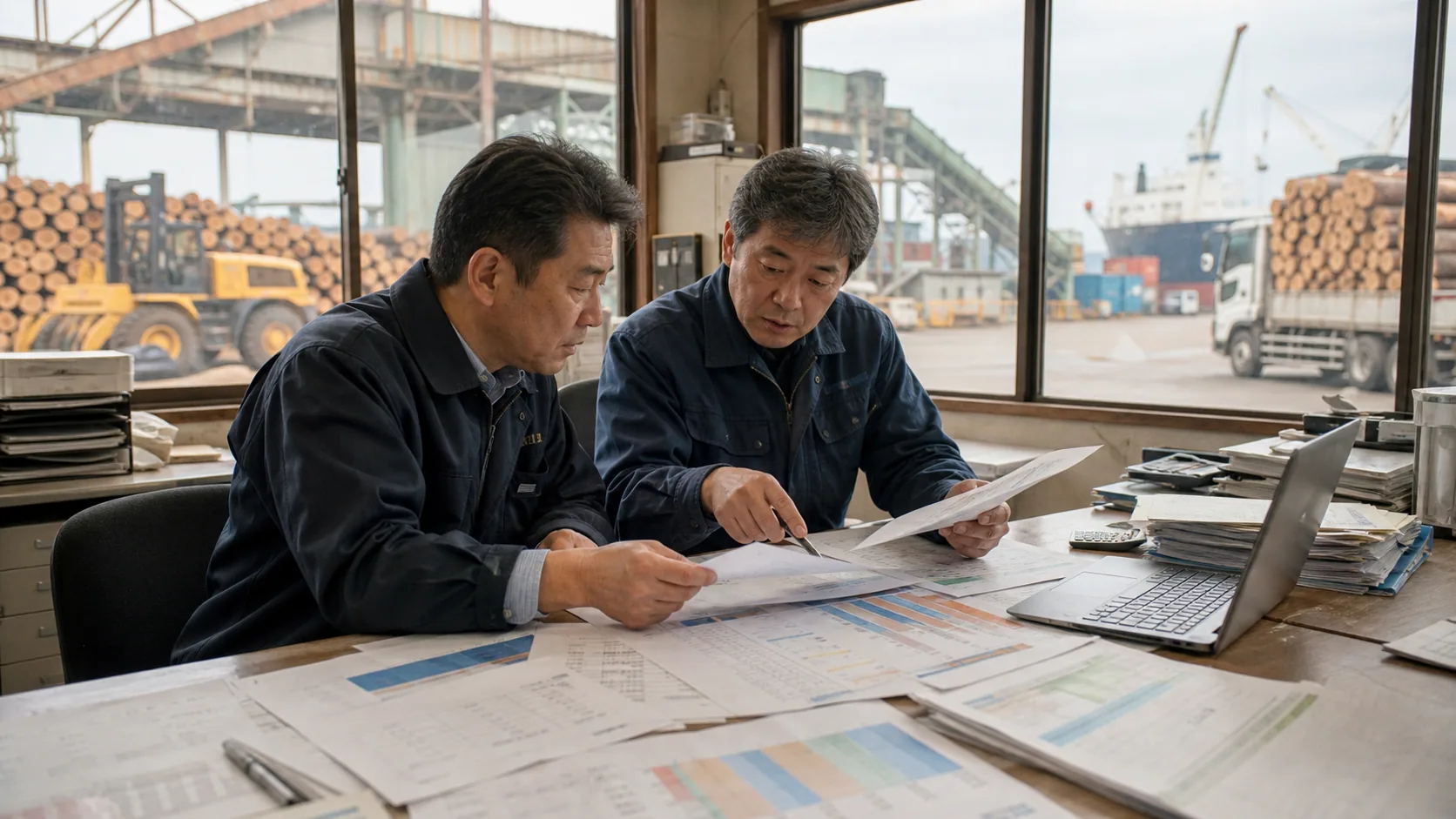 日向市の経営者が製造原価表と荷役明細から資金不足週を確認する場面