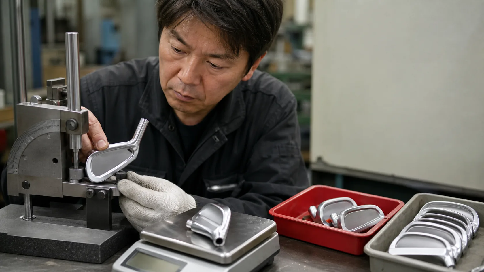 市川町のゴルフクラブ工場で重量とライ角が公差を外れたアイアンヘッドを治具で測定し、再研磨可否を判定する職人