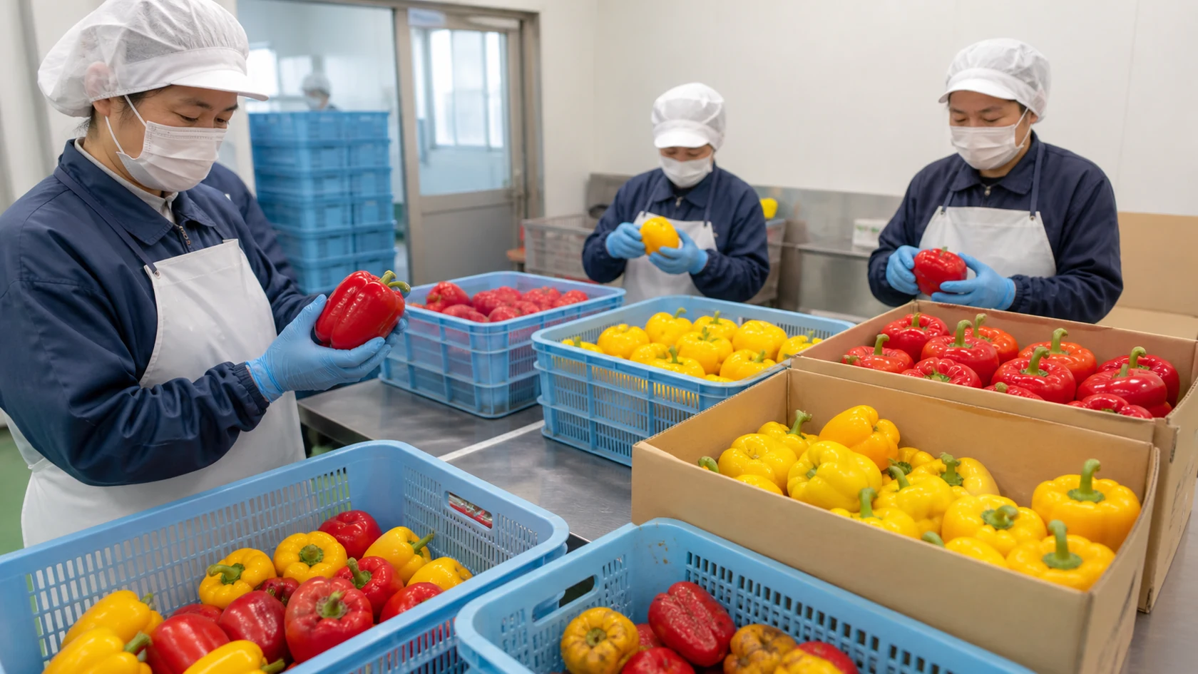 飯南町のパプリカ選果場で果色・着色率・硬度・重量・品温・箱番号を照合する担当者