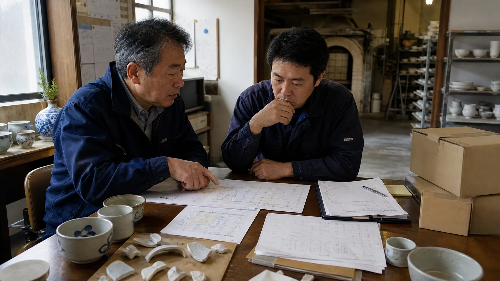 伊万里市の経営者が焼成記録と港湾荷役明細から資金不足週を確認する場面