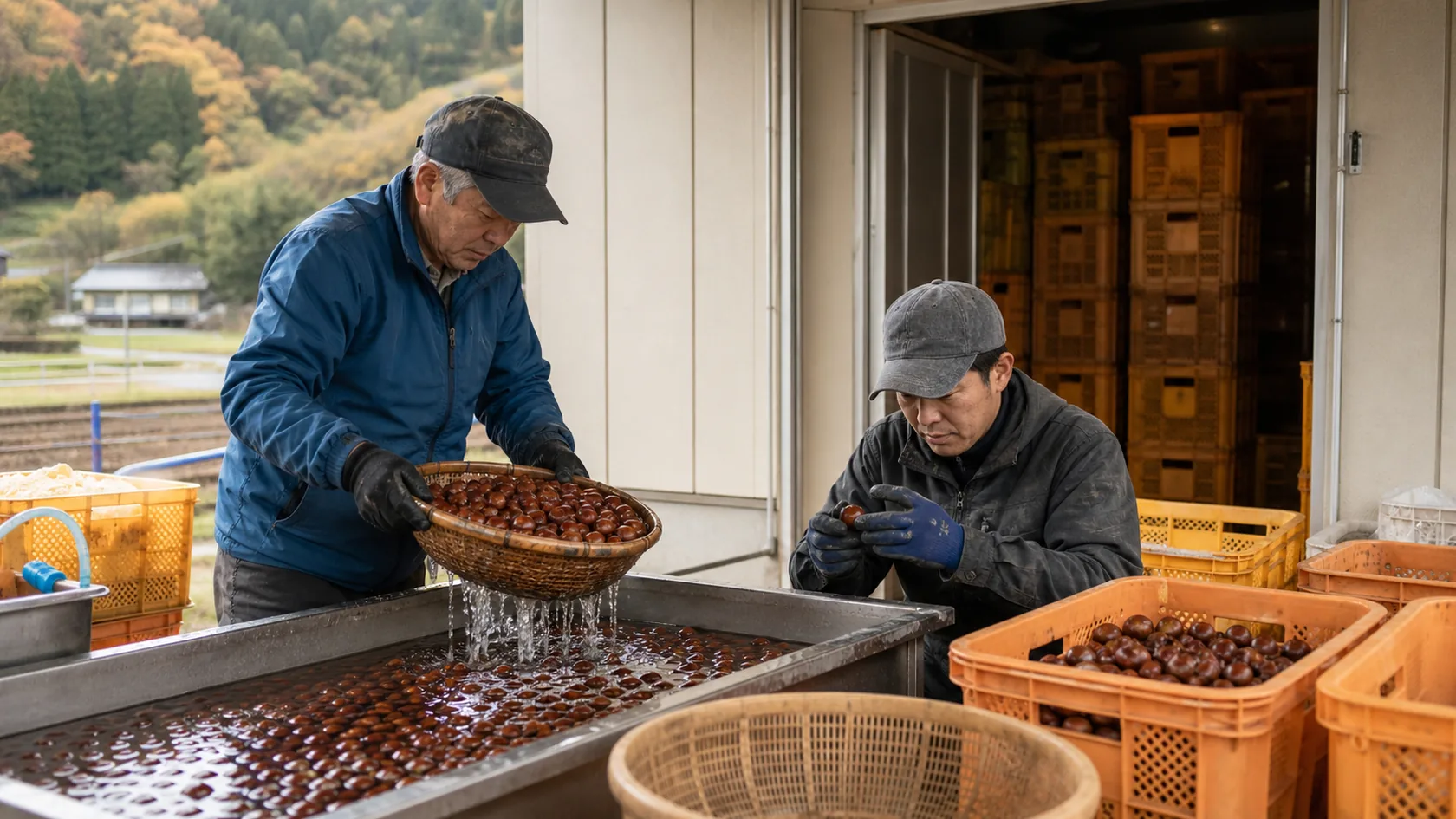 猪名川町の栗集出荷施設で、洗浄した北摂栗を手作業で選別する生産者