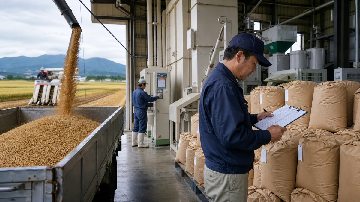 田舎館村の特別栽培米の収穫・乾燥調製・玄米出荷で支払日と検収後の入金日がずれる状況を想定した生成イメージ