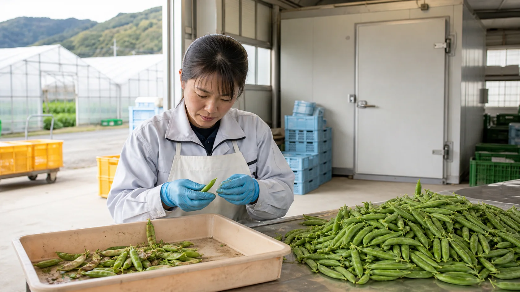 印南町のえんどう調製場で傷・曲がり・黄化・粒不足・しおれ莢を隔離し、収穫と予冷記録を照合する担当者