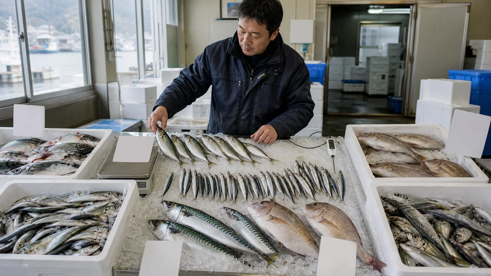 伊根町の鮮魚荷さばき場で鮮度低下・サイズ違い・重量不足箱を隔離し、水揚ロットと保冷記録を照合する担当者