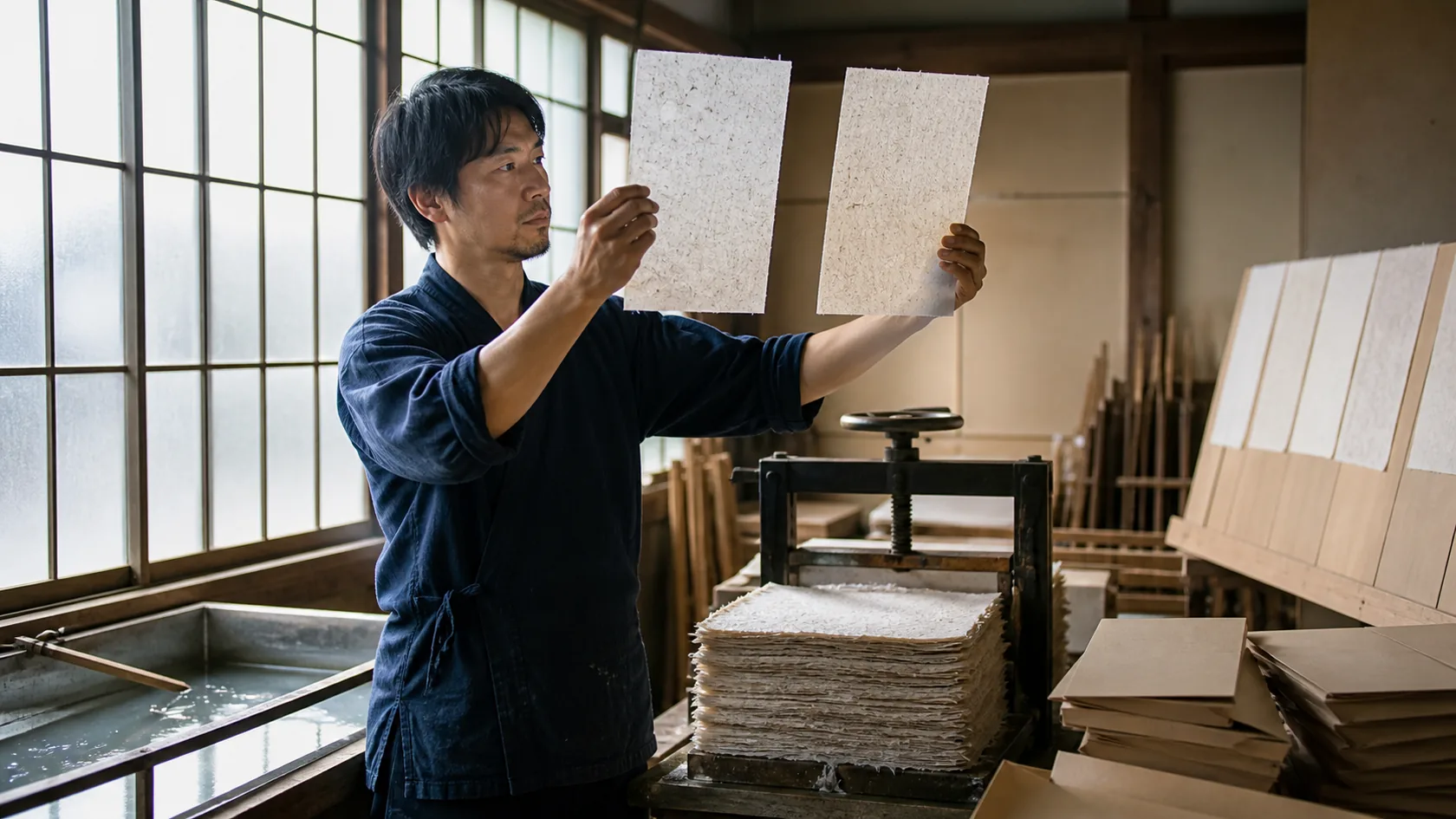 いの町の土佐和紙の楮原料処理・叩解・手すき・圧搾乾燥・検品出荷で在庫・設備容量・出荷予定を確認する担当者