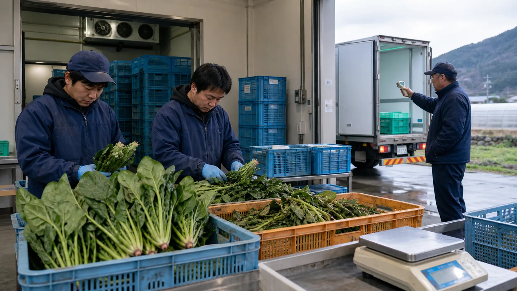 石井町のほうれん草の収穫受入れ・予冷・選別・袋詰め市場出荷で在庫・設備容量・出荷予定を確認する担当者