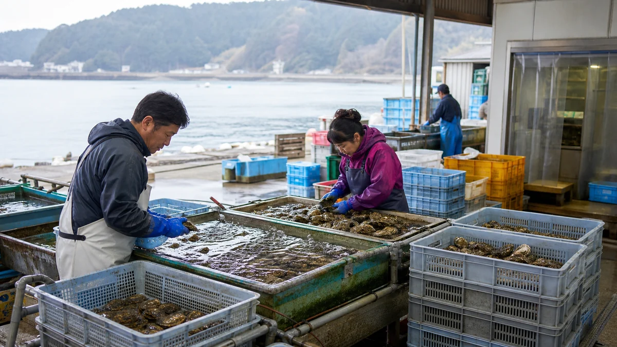 穴水町のかき養殖の浄化・低温出荷で仕掛品と進捗を確認する担当者