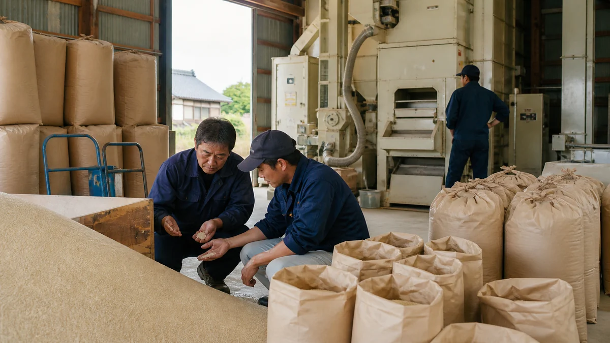 羽咋市の自然栽培米の乾燥・精米で仕掛品と進捗を確認する担当者