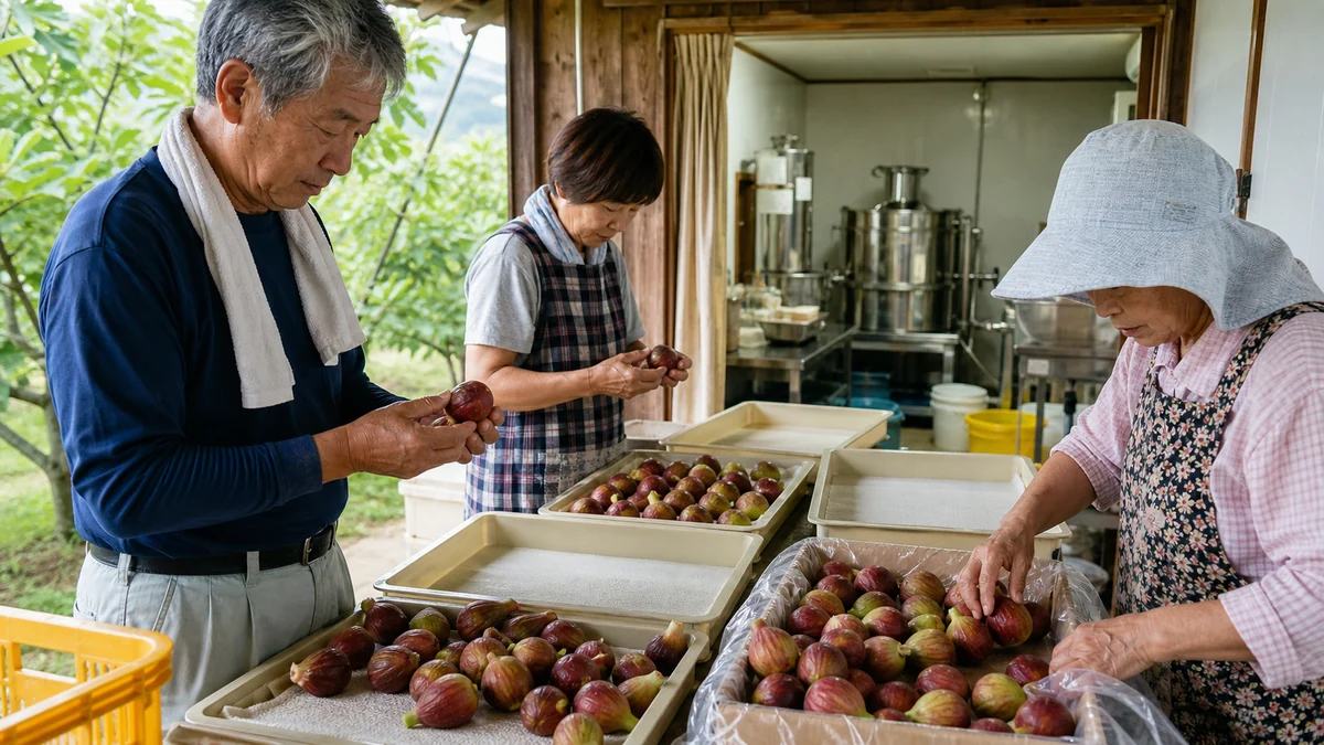 宝達志水町の完熟いちじくの選果・加工で仕掛品と進捗を確認する担当者