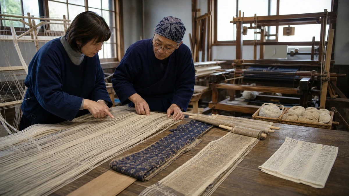 中能登町の能登上布の絣合わせ・手織りで仕掛品と進捗を確認する担当者