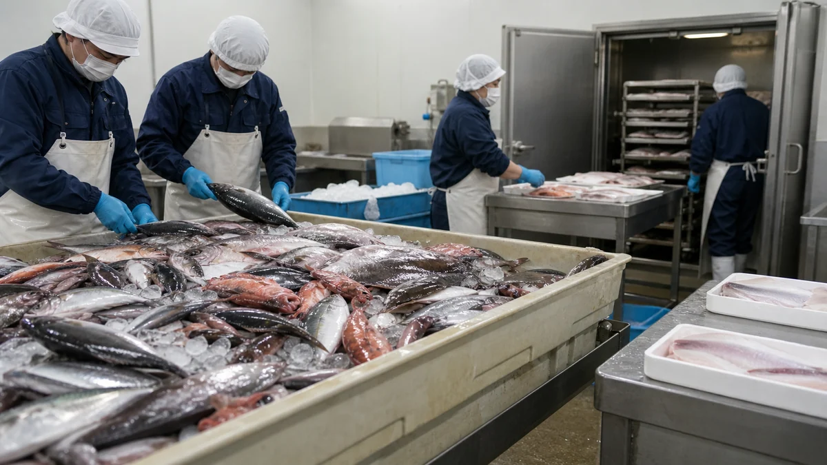 能登町の鮮魚の一次加工・急速冷凍で仕掛品と進捗を確認する担当者