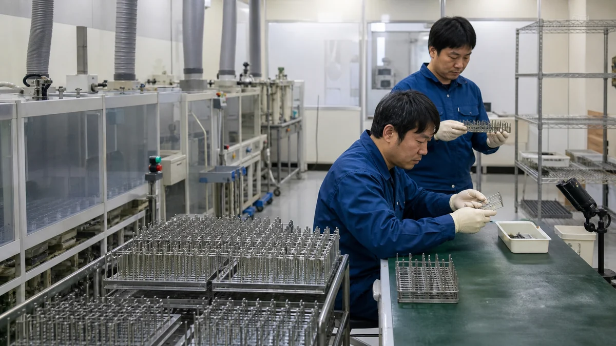 志賀町の半導体部品の表面処理で仕掛品と進捗を確認する担当者