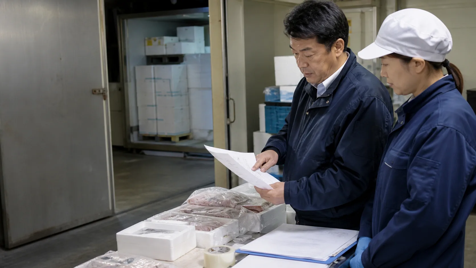 石巻市の事業者が水揚げ量と原料相場、冷凍電力費、製造・工事の検収遅れ、港湾物流費による資金不足日を確認する場面