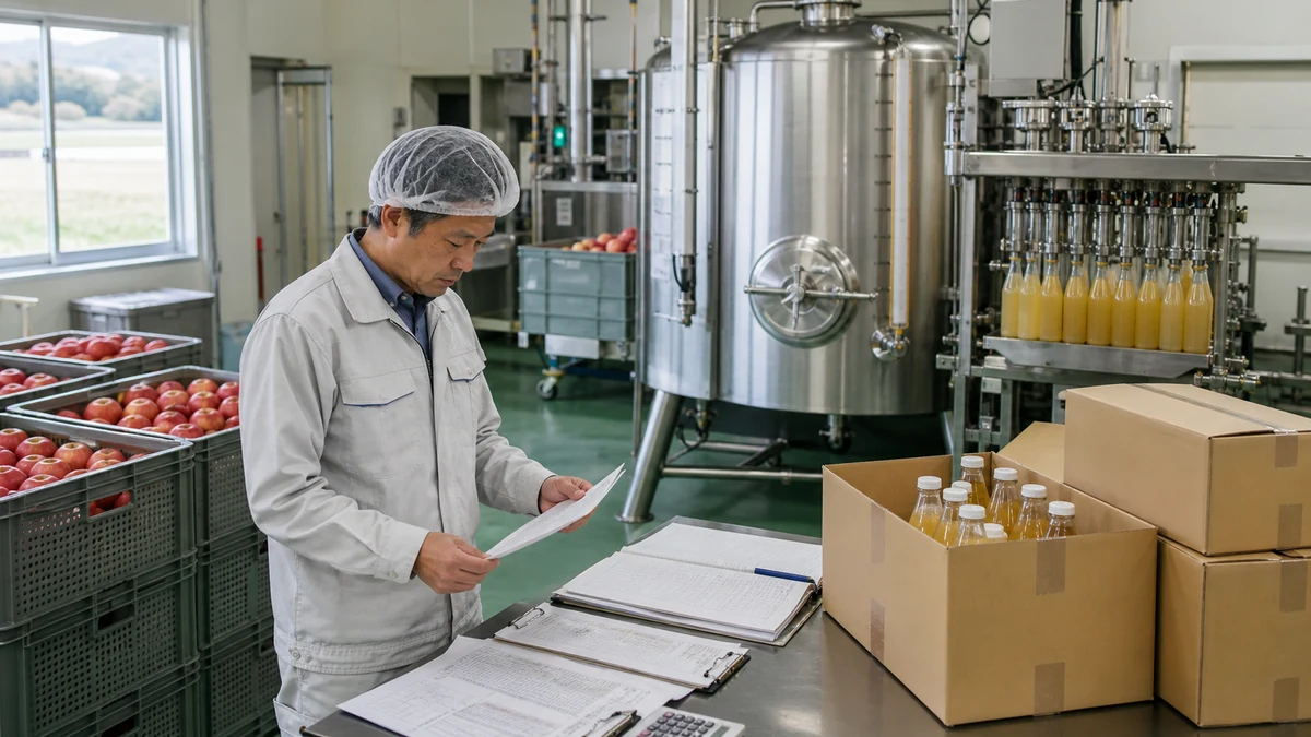 板柳町のりんごジュースの原料受入・搾汁・瓶詰出荷で支払日と検収後の入金日がずれる状況を想定した生成イメージ