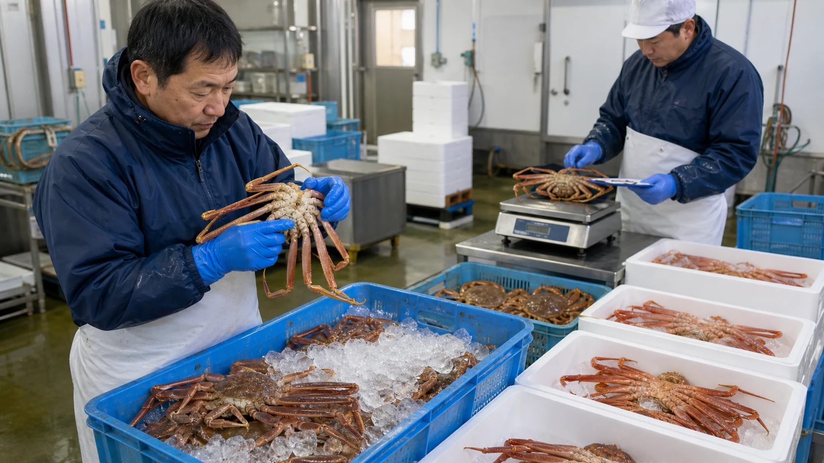 岩美町の水産物選別場で、かにの活力・甲幅・重量・脚の状態と箱番号を照合する工程のイメージ（品種・等級は伝票で確認）