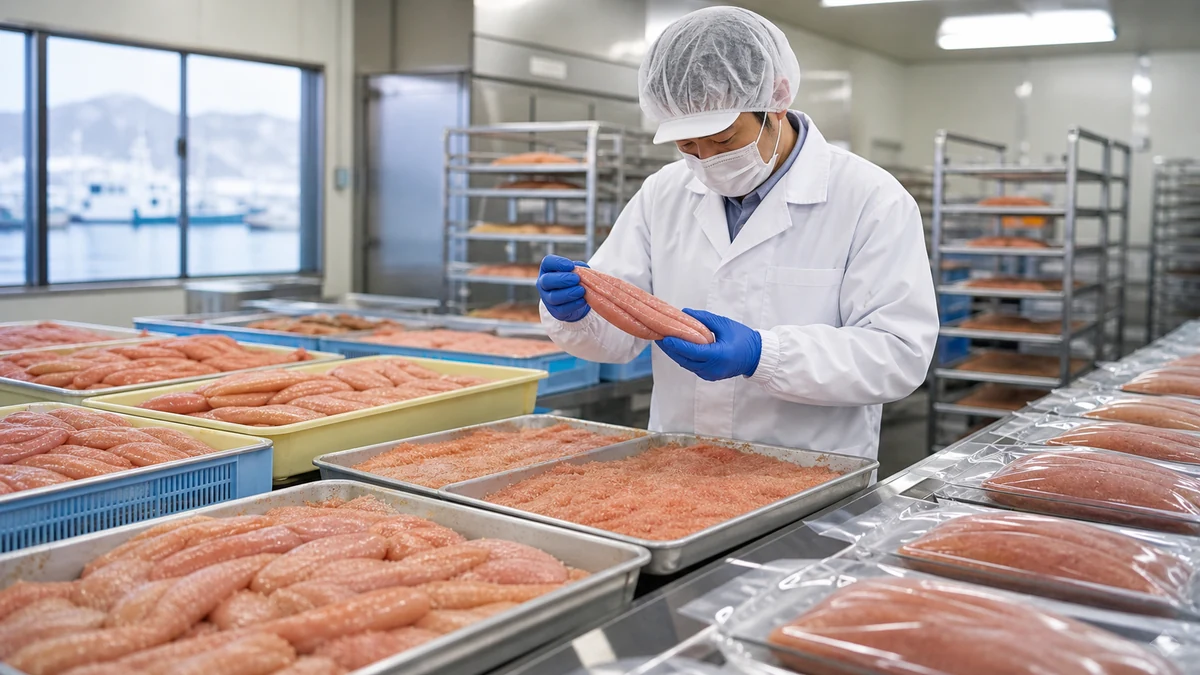 岩内町の水産加工室で魚卵ロットの温度・膜の状態・塩漬け調味槽・熟成待ち・液切り後重量を確認し、包装日を調整する担当者