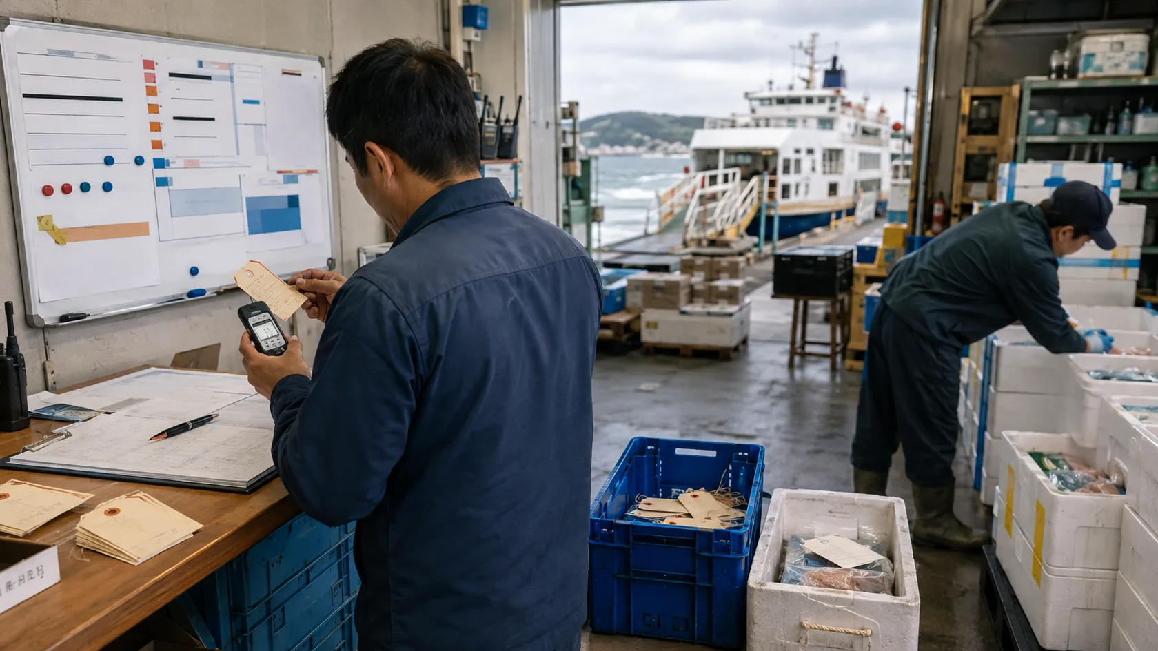 荷札・温度帯と航送精算を照合する架空貨物集約事業者（AI生成の説明用イメージ）