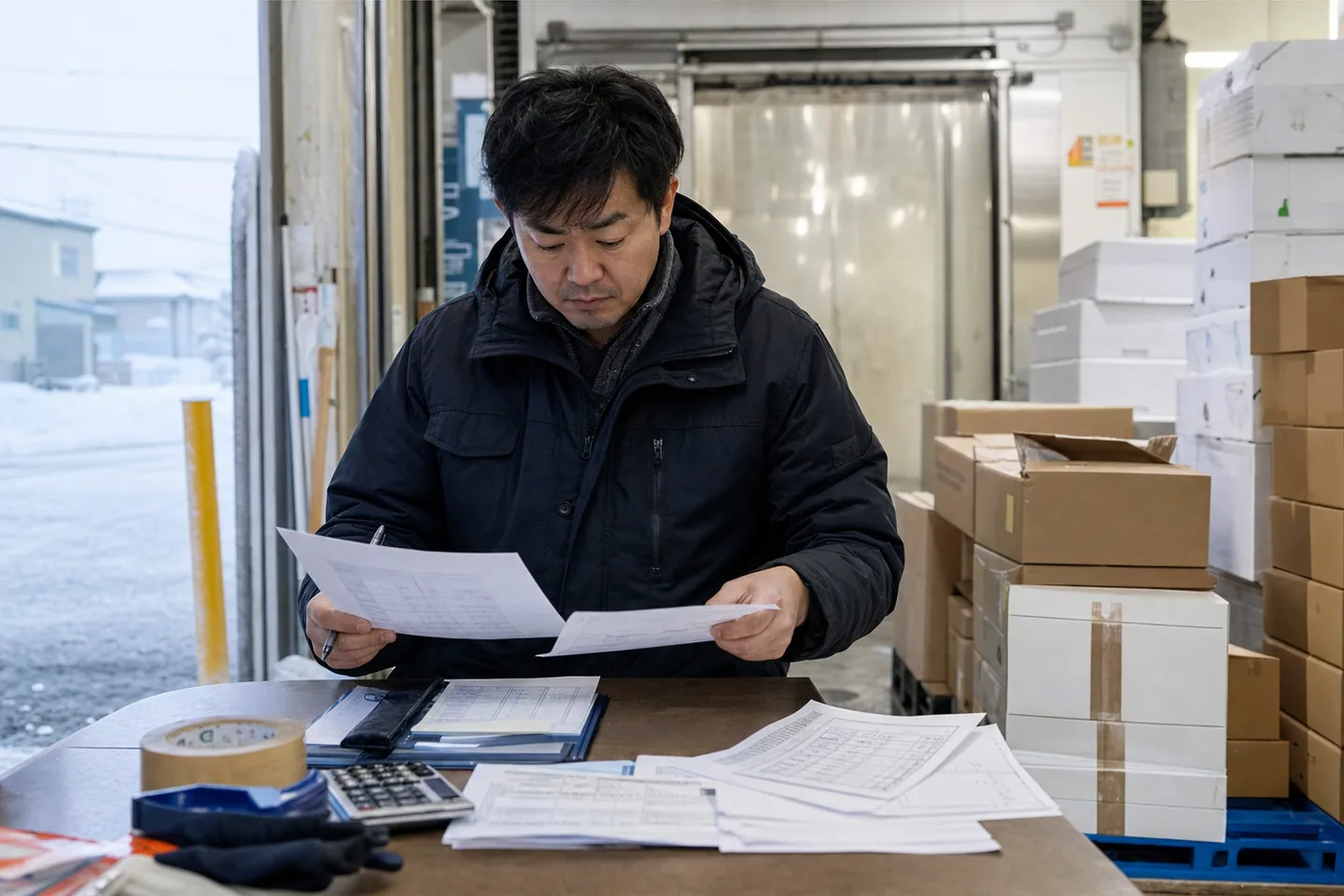 上越市の食品加工・物流事業者が燃料費と包装資材費を確認する様子