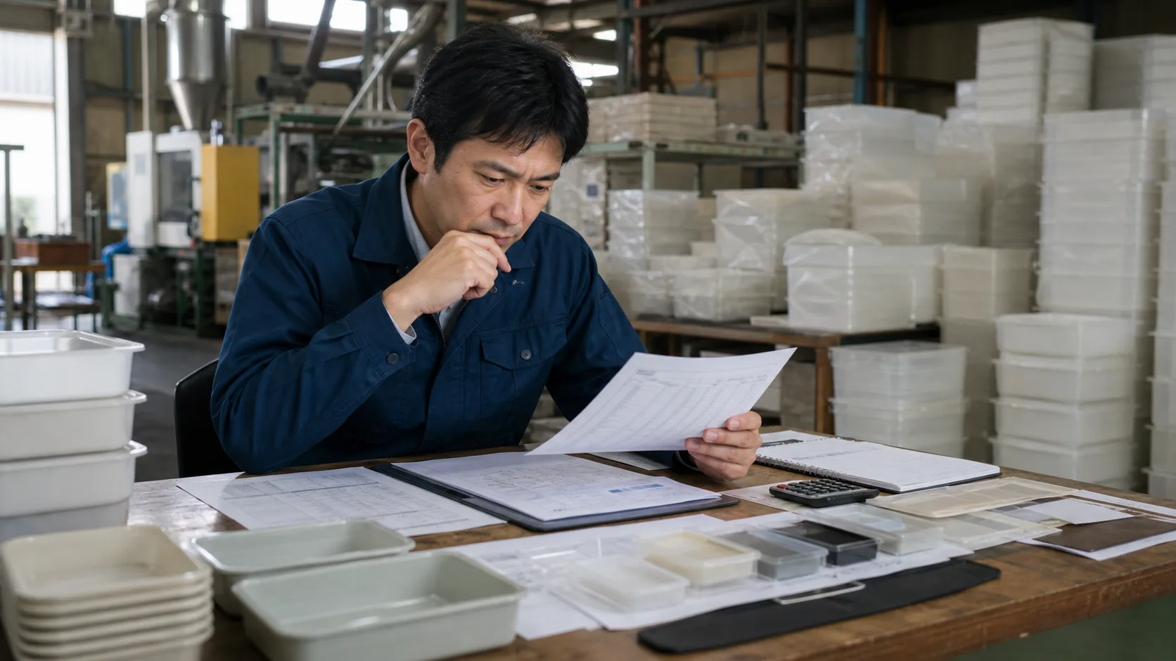 海南市の経営者が部材表と多品種在庫から資金不足週を確認する場面