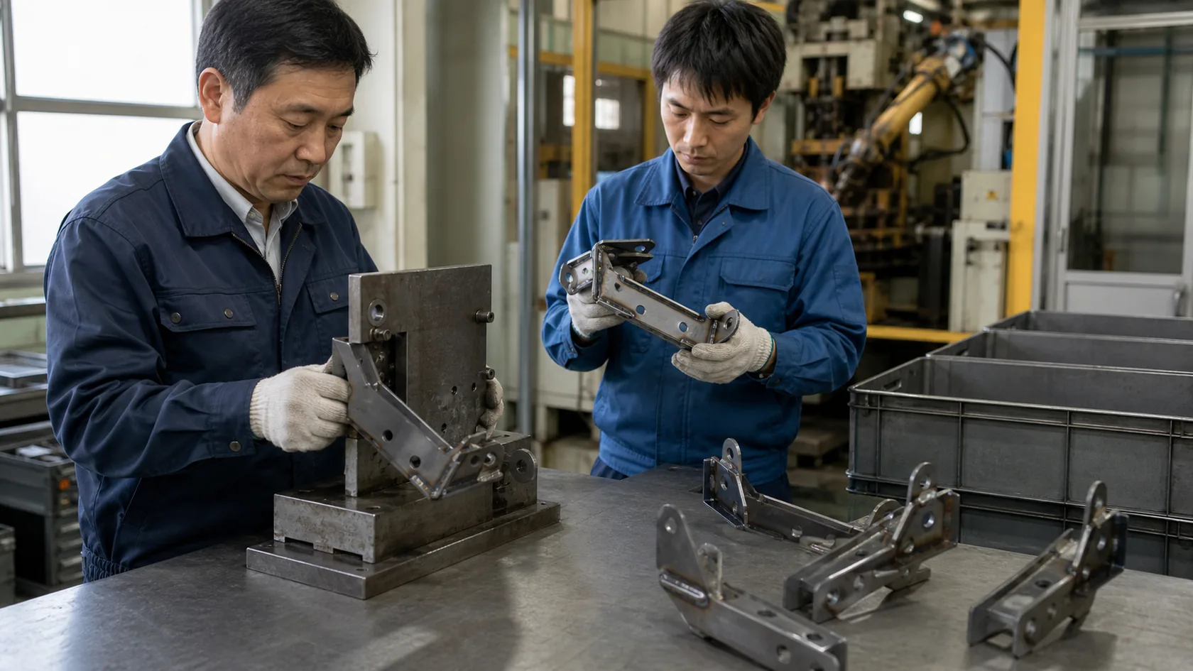 海田町の自動車部品工場で、プレス・溶接後のブラケットを治具と目視で検査する作業者