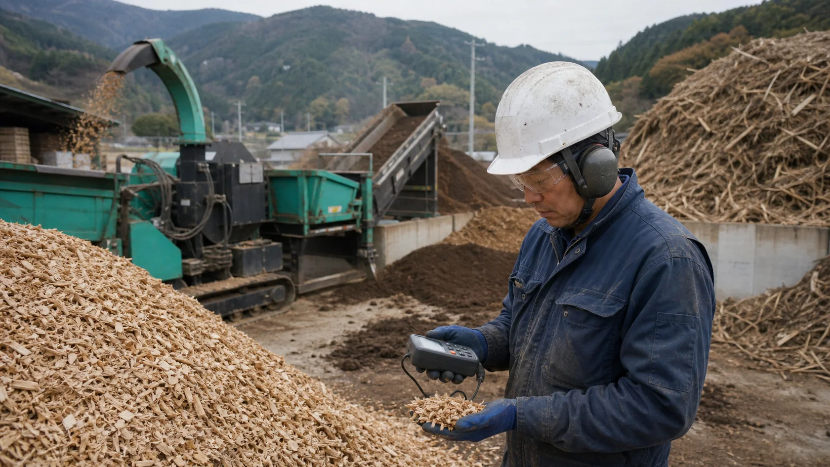 海陽町の木質チップ加工場で間伐材の受入重量・異物除去・破砕粒度・含水率・出荷重量を照合する担当者（AI生成の説明用イメージ）