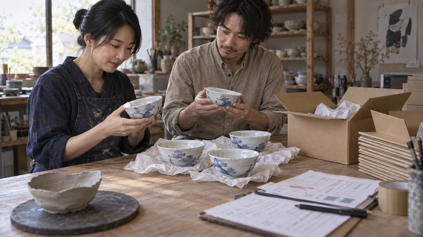 焼き上がった器を検品し納品書と確認する場面（AI生成イメージ）