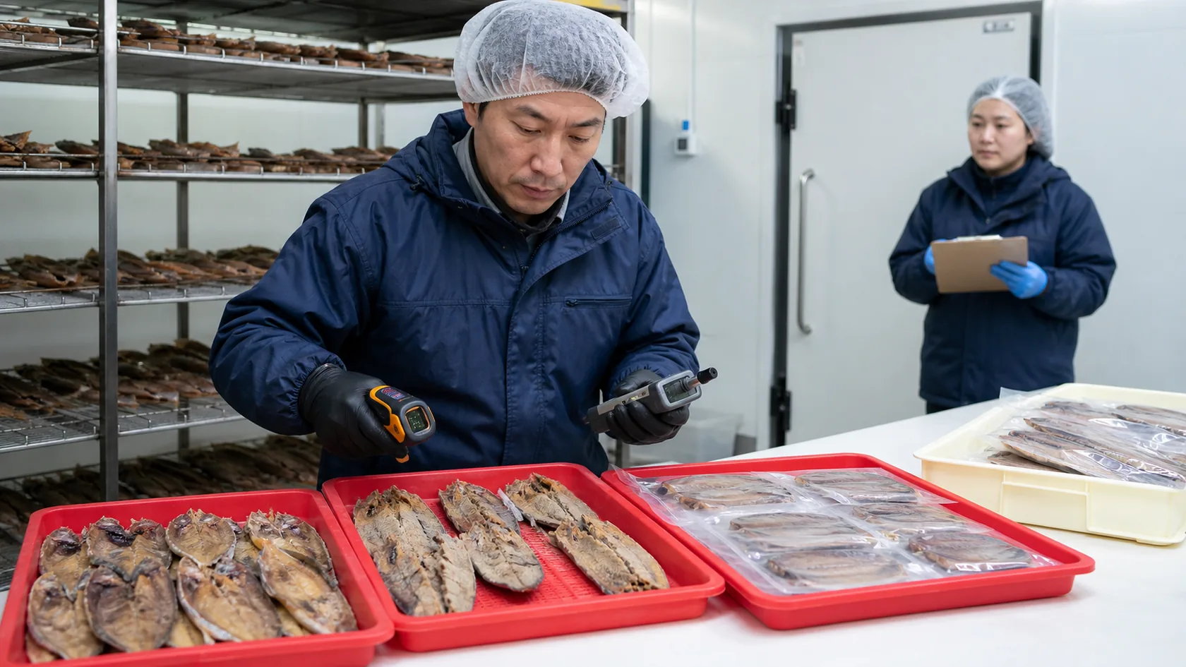 香美町の水産加工場で乾燥むら・身割れ・真空不良の干物を隔離し、受入温度と乾燥記録を確認する担当者