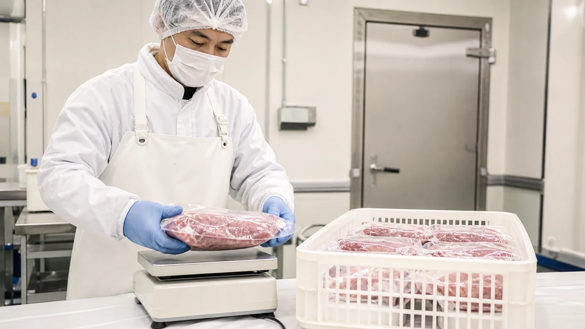 上富良野町の豚肉出荷で包装後の重量を確認する場面を想定した生成イメージ