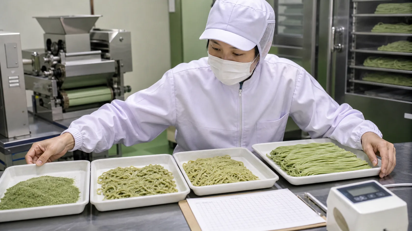 上郡町の製麺所で退色・折れ・水分超過のモロヘイヤ麺を隔離し、葉ロットと乾燥配合記録を照合する担当者