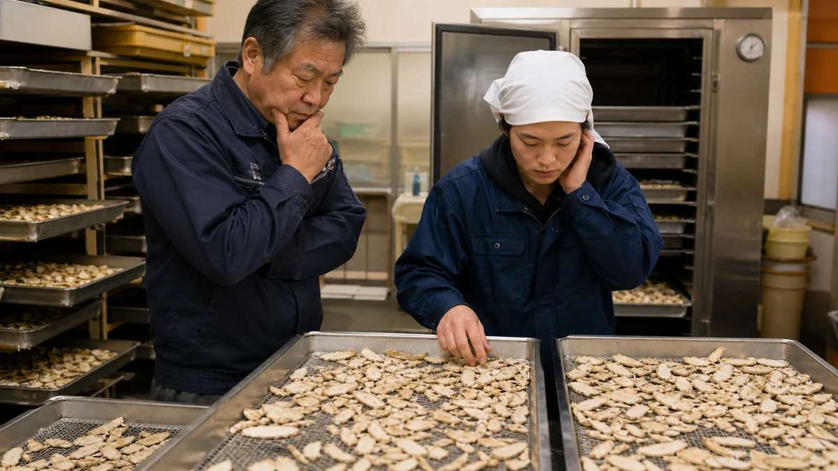 上市町の加工所で薬用植物の乾燥状態を確認する担当者
