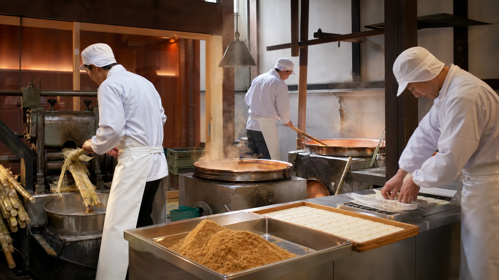上板町の阿波和三盆製糖所でサトウキビ重量・搾汁量・煮詰め糖度・白下糖・研ぎ乾燥ロットを照合する担当者（AI生成の説明用イメージ）
