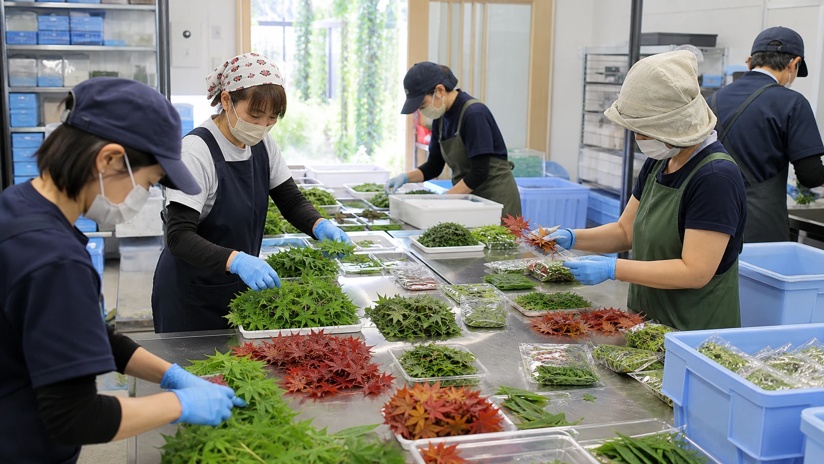 上勝町の彩集荷場で品目・葉色・規格・計数・保湿包装・集荷便を照合する担当者