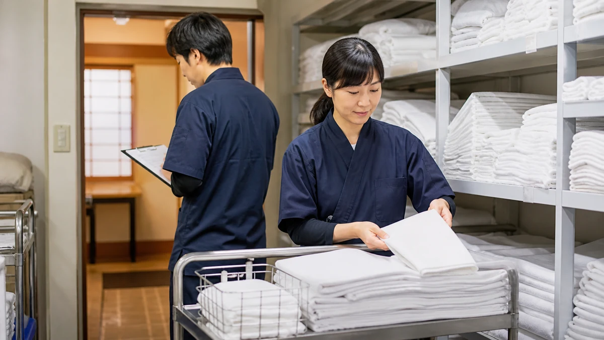 上川町の宿泊施設でリネンの必要数量を確認する場面を想定した生成イメージ