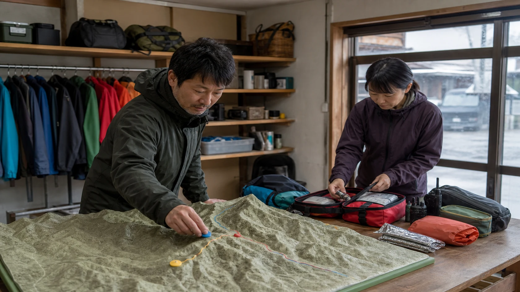 上北山村の大台ヶ原ガイド事務所で悪天候による行程変更と参加者装備不足を確認し、保険・連絡・精算記録を整理する担当者