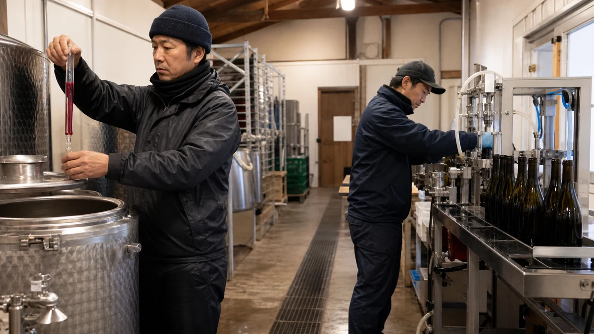 上ノ国町の小規模ワイナリーで発酵タンクの温度・比重・分析結果と瓶詰めロットを確認し、出荷時期を調整する醸造担当者