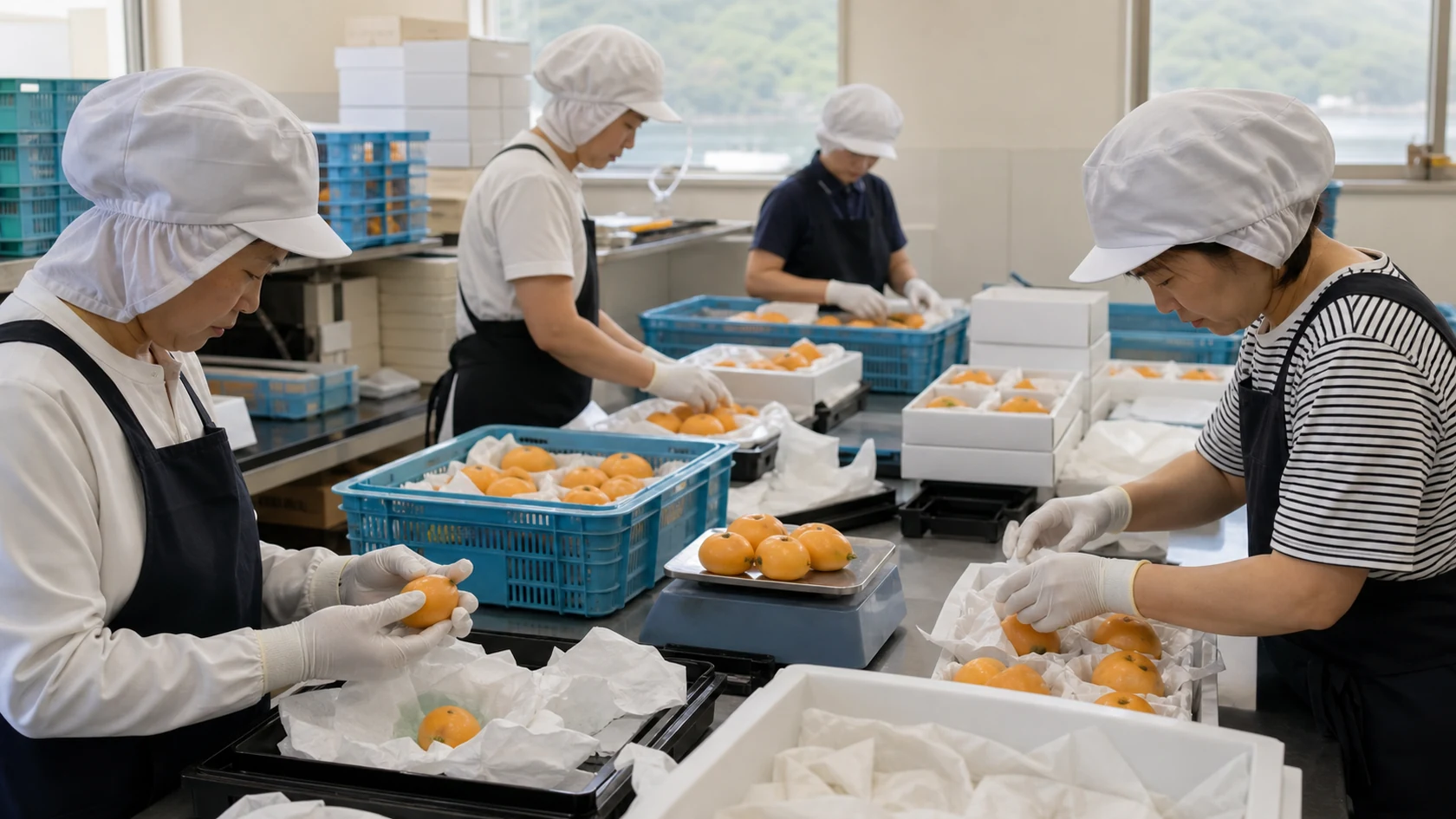上関町のびわ選果場で収穫便・予冷区画・果皮傷・重量等級・贈答箱ロットを照合する担当者