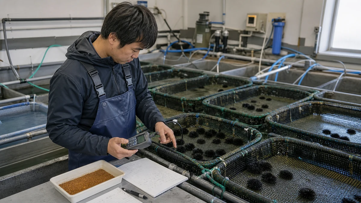 神恵内村のウニ養殖場で育成区画の水質・給餌・へい死・密度・身入り判定を確認し、活出荷数を調整する場面を想定した生成イメージ（実在の施設・人物を撮影したものではありません）