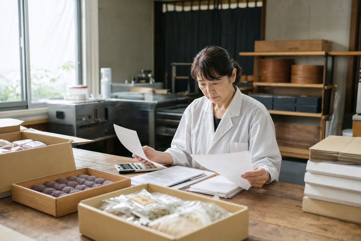 金沢市の菓子製造会社で経営者が包装資材と請求書を確認する様子