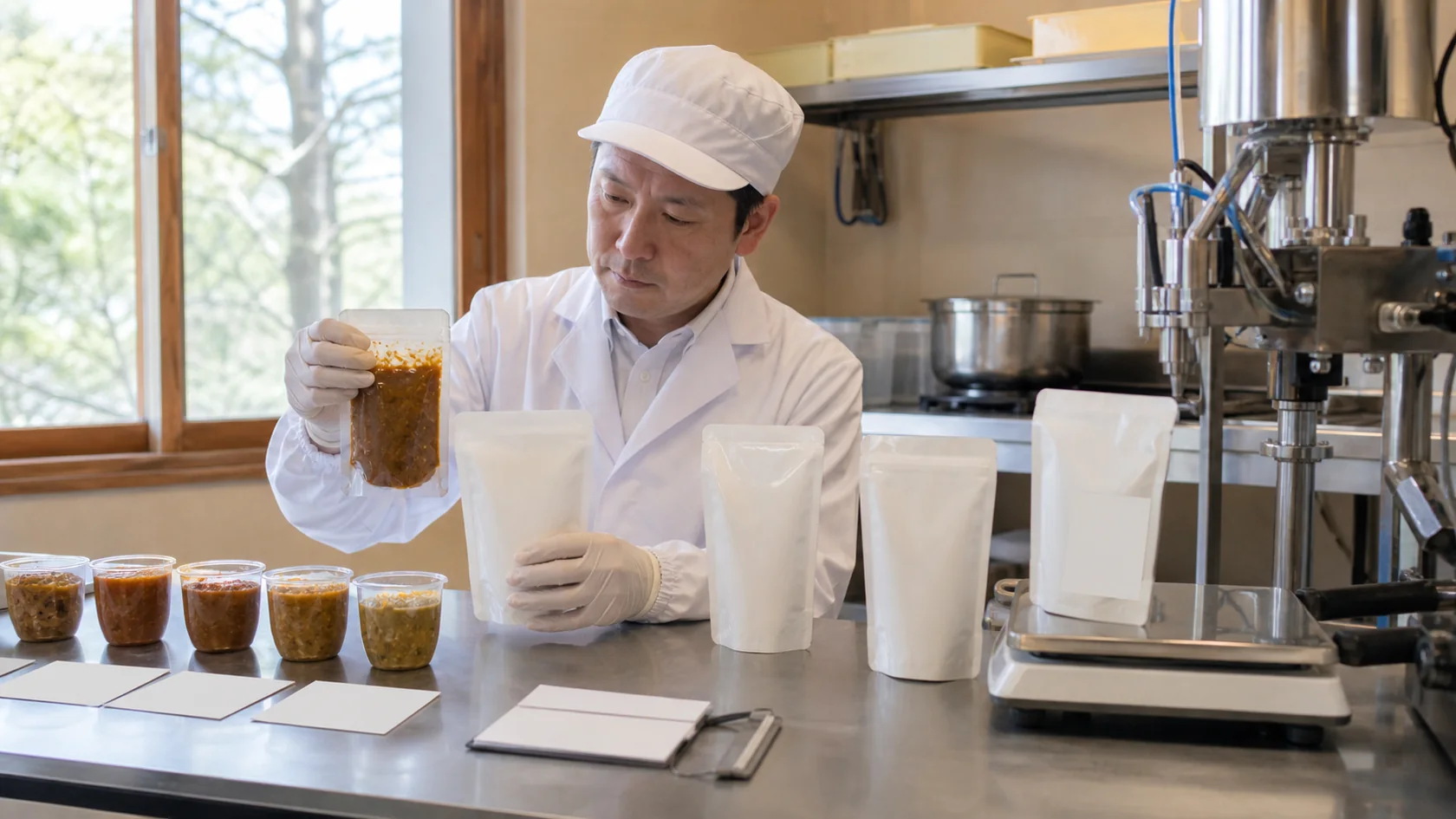 上牧町の特産食品試作室で配合不一致・検査再提出・包材表示違い・重量不足品を隔離し、試作記録を照合する担当者