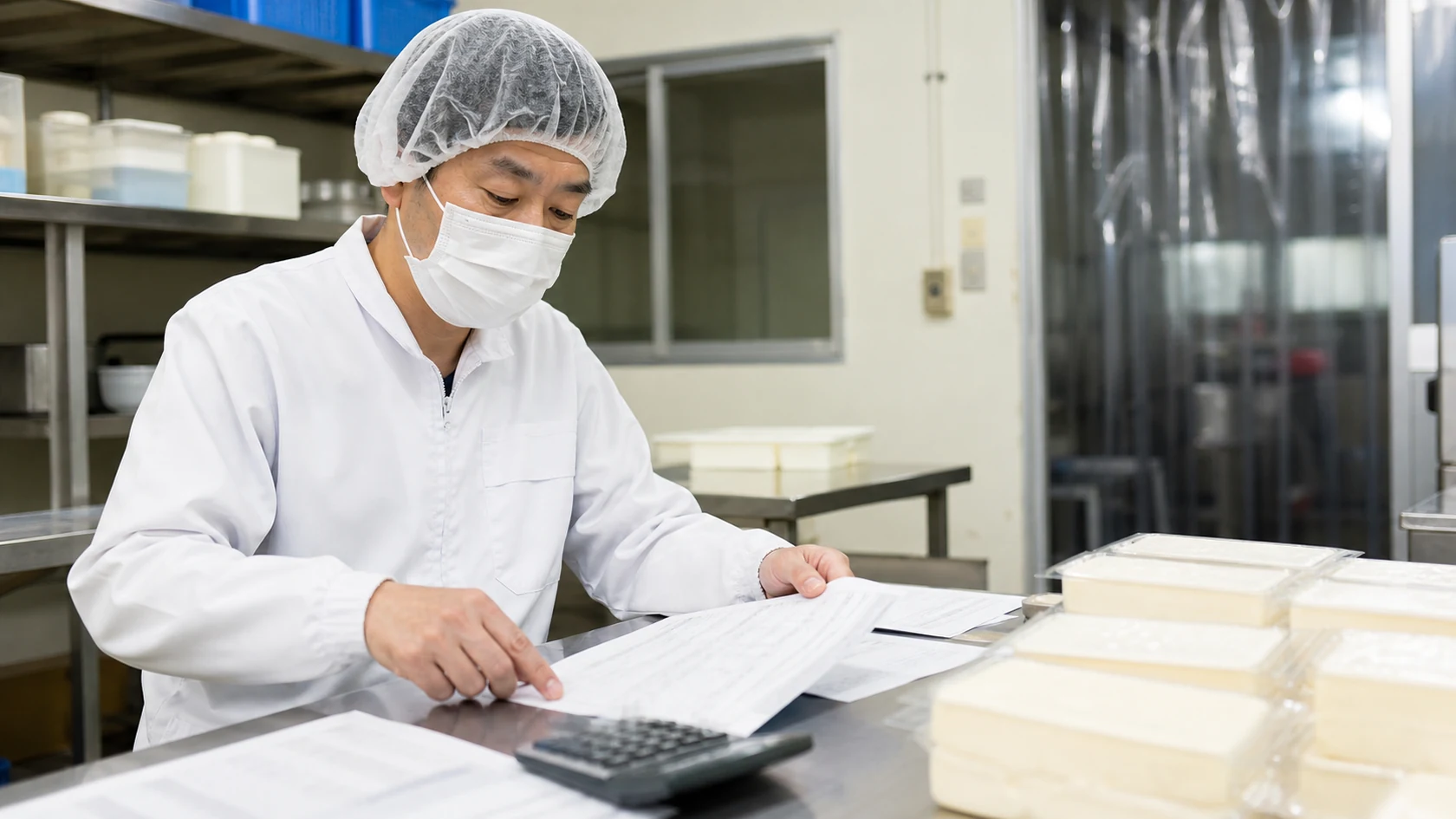 原料ロットと納品検収書を確認する架空の大豆加工事業者（AI生成の説明用イメージ）