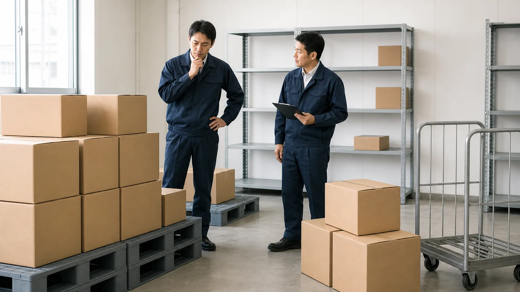 粕屋町の物流センターの入荷・仕分け・共同配送で在庫・設備容量・出荷予定を確認する担当者