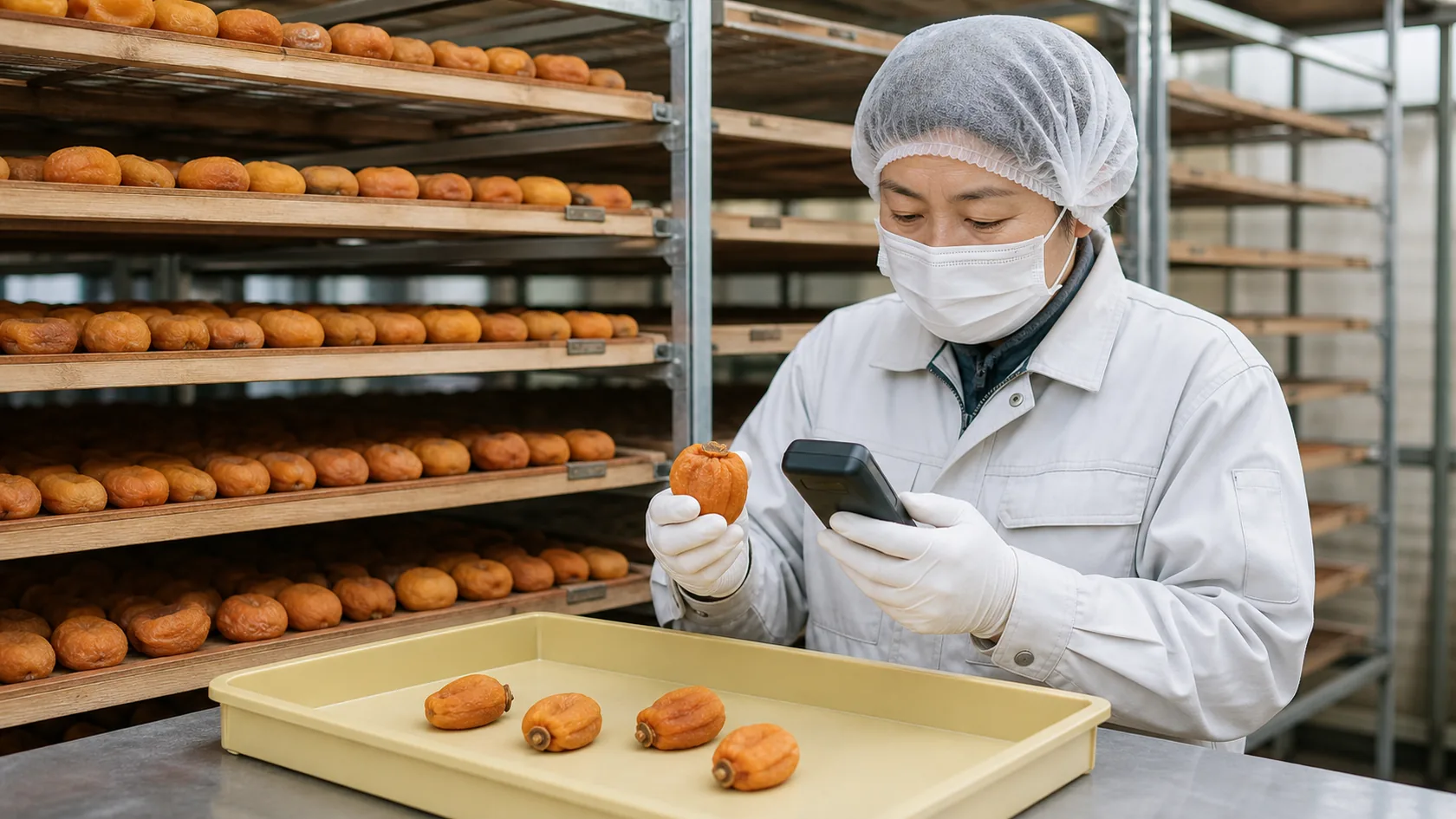かつらぎ町の干し柿工房で変色・硬化・水分超過品を隔離し、園地受入れと乾燥棚記録を確認する担当者