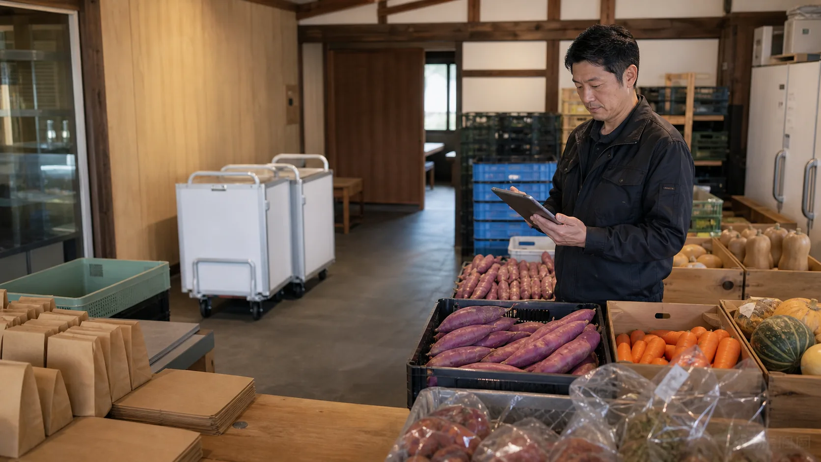川越市の現場で材料価格、農産物相場、季節在庫、観光客数、設備保守による支払時期のずれを点検する担当者