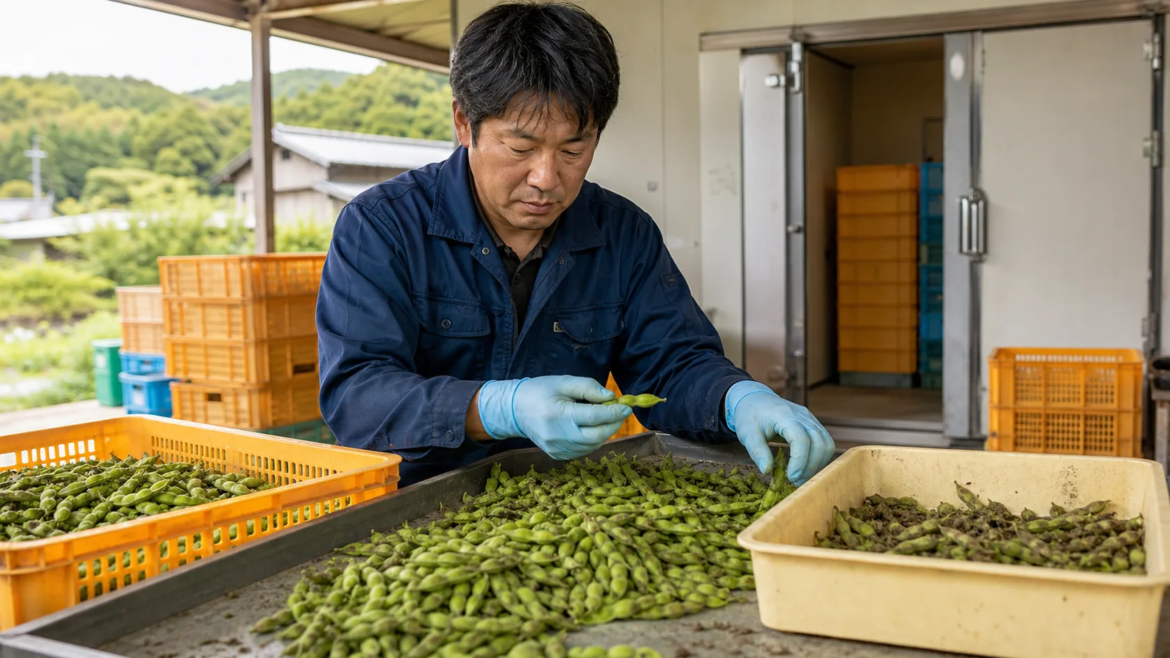 河合町の黒豆調製場で傷・虫害・変色・粒不足の莢を隔離し、圃場と選別記録を照合する担当者