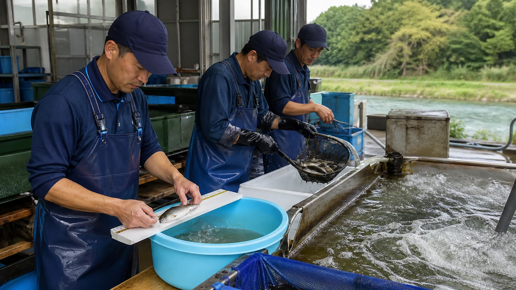 川本町の鮎中間育成施設で池番号・水質・給餌・体重・健康判定・活魚水槽を照合する担当者