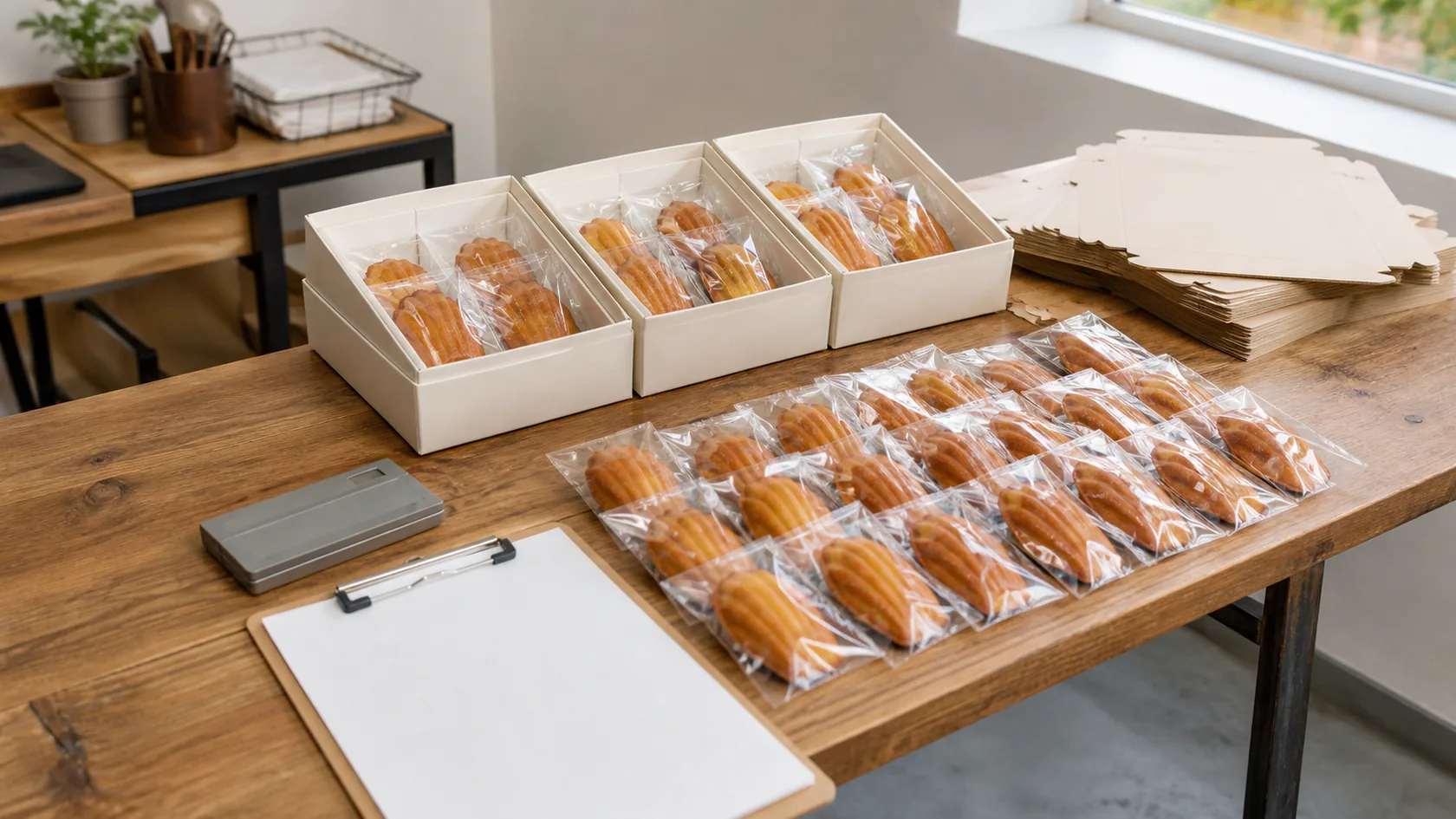 焼き菓子の包装済み数量と卸向け箱を照合する想定場面（AI生成の説明用イメージ）