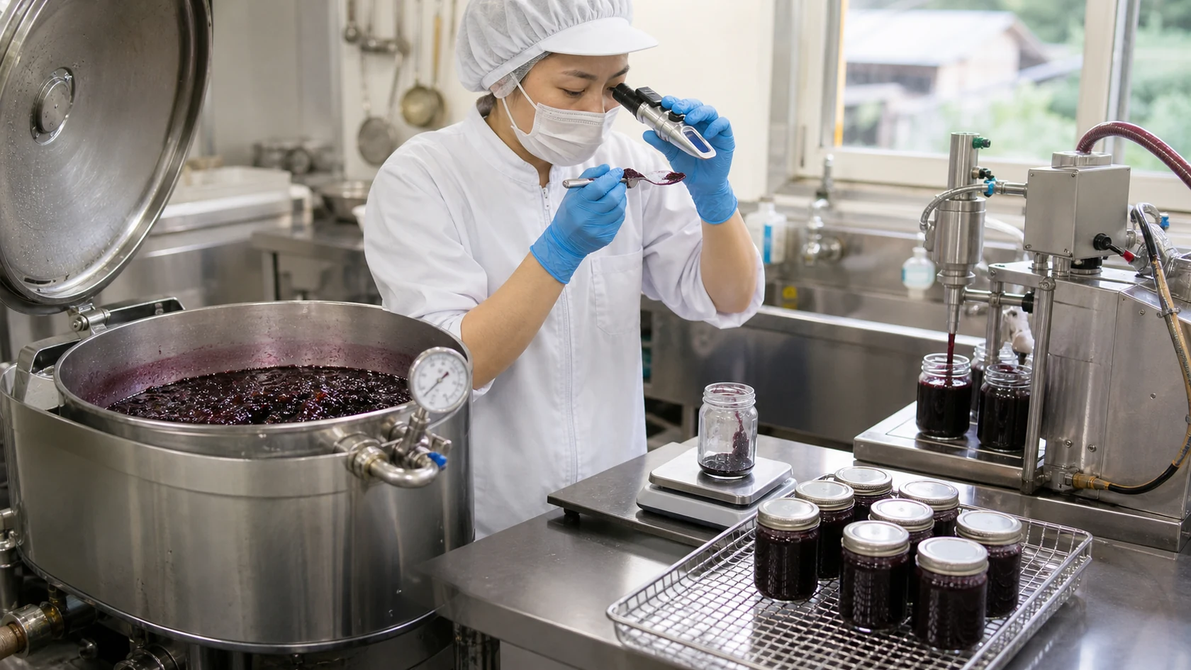 吉備中央町のジャム加工室でブルーベリーの可食重量・配合釜・糖度酸度・充填温度・密封ロットを照合する担当者
