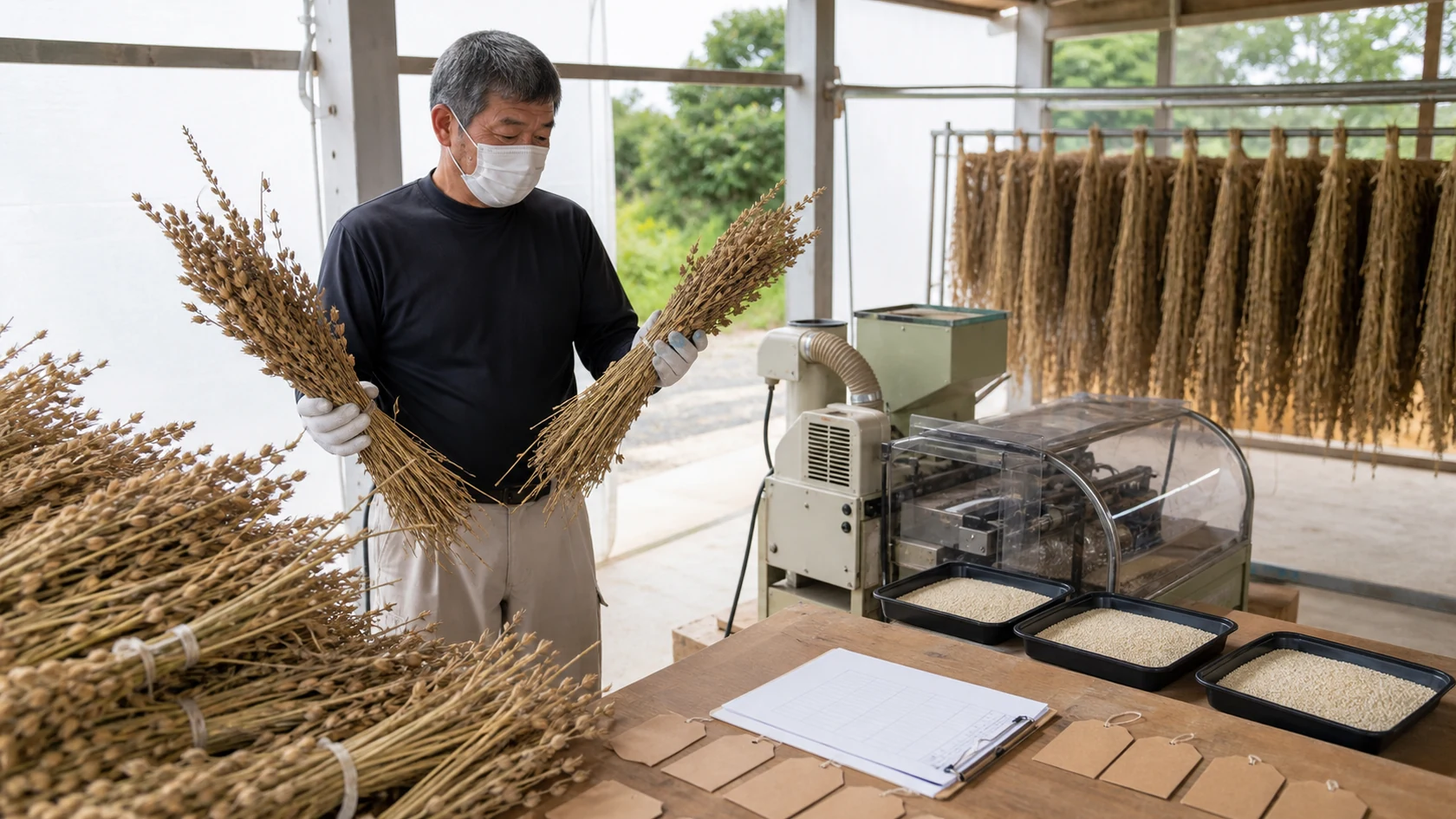 白ごまの袋番号と水分・異物検査を確認する架空農家（AI生成の説明用イメージ）
