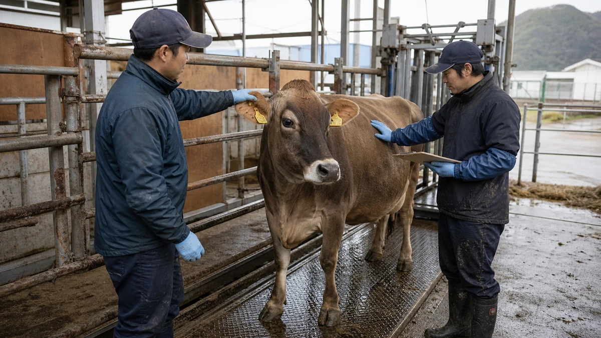 木古内町の牛舎で個体番号・健康状態・体重・出荷条件を確認し、はこだて和牛の搬送日と必要飼料量を調整する担当者