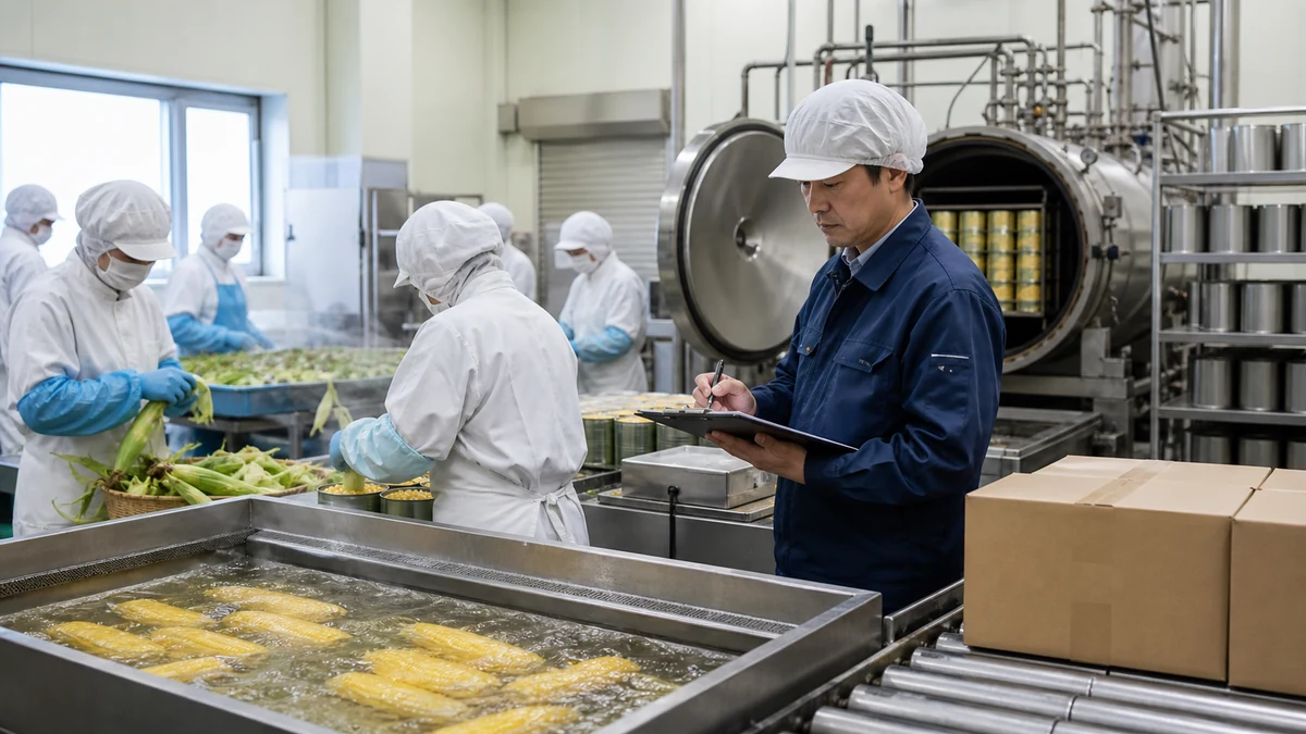 喜茂別町の農産加工室でスイートコーンの受入便・粒外し歩留まり・充填量・加熱殺菌便・冷却待ちを確認し、包装日を調整する担当者